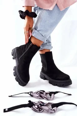 Damskie Ocieplane Botki Sztyblety Czarne Visione