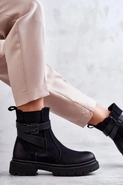 Damskie Ocieplane Botki Sztyblety Z Paskiem Czarne Jose