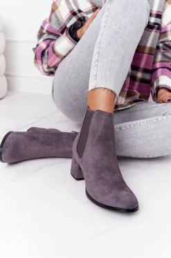 Damskie Ocieplane Botki Sztyblety Na Słupku Szare Juliette