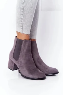 Damskie Ocieplane Botki Sztyblety Na Słupku Szare Juliette