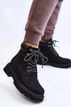 Damskie Ocieplane Botki Trapery Sznurowane Czarne Halfway