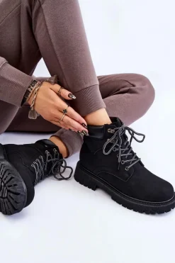 Damskie Ocieplane Botki Trapery Sznurowane Czarne Halfway