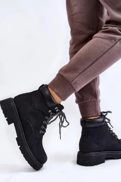 Damskie Ocieplane Botki Trapery Sznurowane Czarne Halfway