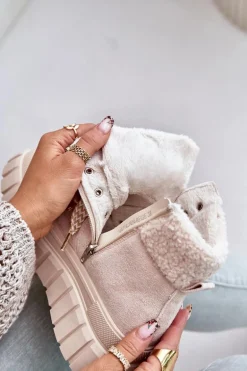 Damskie Ocieplane Botki Trapery Na Platformie Beżowe Alcyhen