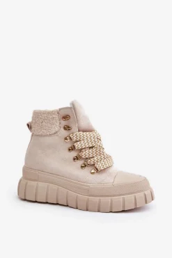 Damskie Ocieplane Botki Trapery Na Platformie Beżowe Alcyhen