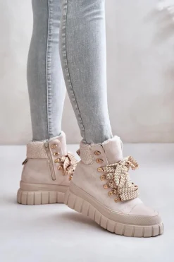 Damskie Ocieplane Botki Trapery Na Platformie Beżowe Alcyhen