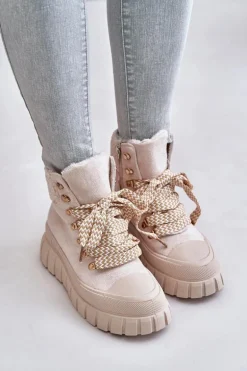 Damskie Ocieplane Botki Trapery Na Platformie Beżowe Alcyhen
