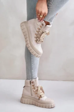 Damskie Ocieplane Botki Trapery Na Platformie Beżowe Alcyhen