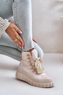 Damskie Ocieplane Botki Trapery Na Platformie Beżowe Alcyhen