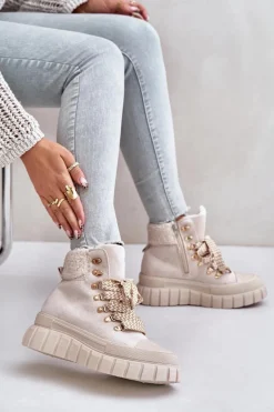 Damskie Ocieplane Botki Trapery Na Platformie Beżowe Alcyhen