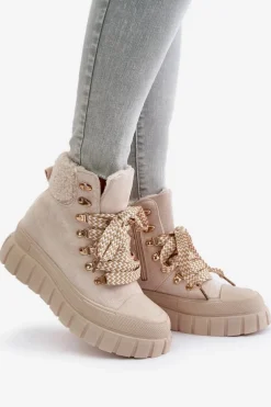 Damskie Ocieplane Botki Trapery Na Platformie Beżowe Alcyhen