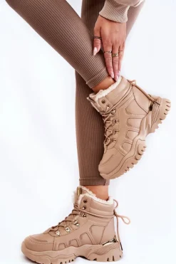 Damskie Ocieplane Botki Trapery Na Platformie Beżowe Ofelia