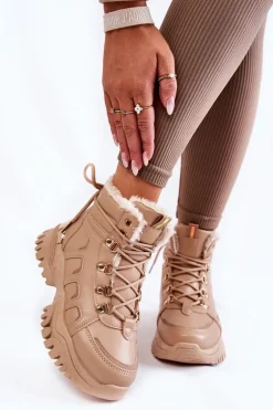 Damskie Ocieplane Botki Trapery Na Platformie Beżowe Ofelia