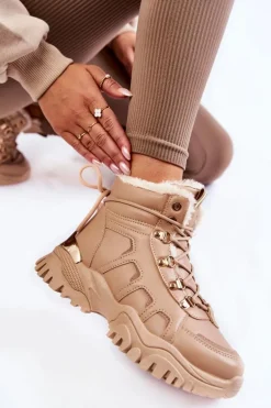 Damskie Ocieplane Botki Trapery Na Platformie Beżowe Ofelia