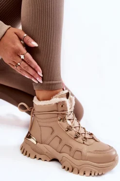 Damskie Ocieplane Botki Trapery Na Platformie Beżowe Ofelia