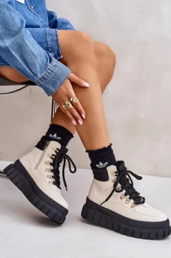 Damskie Ocieplane Botki Trapery Na Platformie Beżowe Jelenia