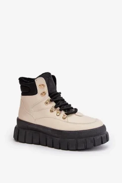 Damskie Ocieplane Botki Trapery Na Platformie Beżowe Jelenia