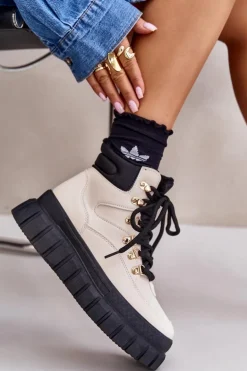 Damskie Ocieplane Botki Trapery Na Platformie Beżowe Jelenia