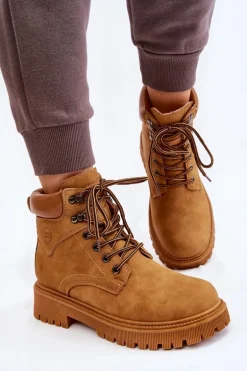 Damskie Ocieplane Botki Trapery Sznurowane Camel Halfway