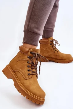 Damskie Ocieplane Botki Trapery Sznurowane Camel Halfway