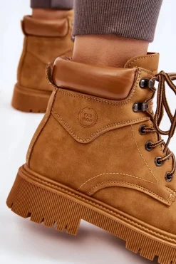 Damskie Ocieplane Botki Trapery Sznurowane Camel Halfway
