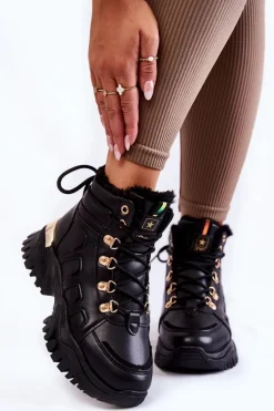 Damskie Ocieplane Botki Trapery Na Platformie Czarne Ofelia