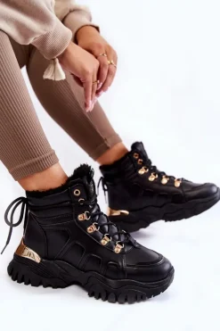 Damskie Ocieplane Botki Trapery Na Platformie Czarne Ofelia