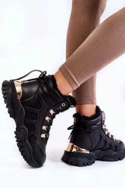 Damskie Ocieplane Botki Trapery Na Platformie Czarne Ofelia