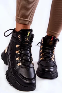 Damskie Ocieplane Botki Trapery Na Platformie Czarne Ofelia