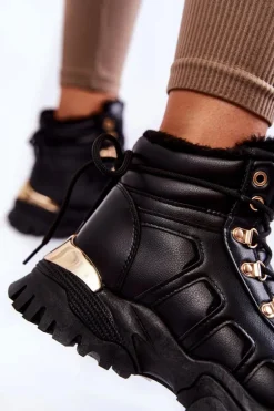 Damskie Ocieplane Botki Trapery Na Platformie Czarne Ofelia