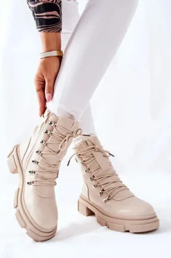 Damskie Ocieplane Botki Trapery Beżowe Perfect