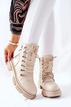 Damskie Ocieplane Botki Trapery Beżowe Perfect