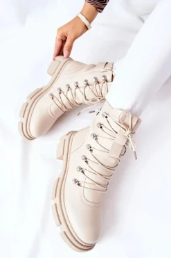 Damskie Ocieplane Botki Trapery Beżowe Perfect