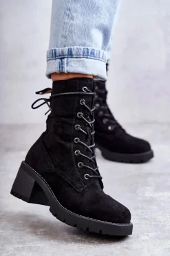 Damskie Ocieplane Botki Trapery Na Obcasie Czarne Julieta