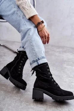 Damskie Ocieplane Botki Trapery Na Obcasie Czarne Julieta