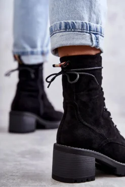 Damskie Ocieplane Botki Trapery Na Obcasie Czarne Julieta