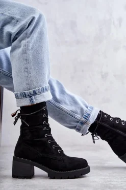 Damskie Ocieplane Botki Trapery Na Obcasie Czarne Julieta