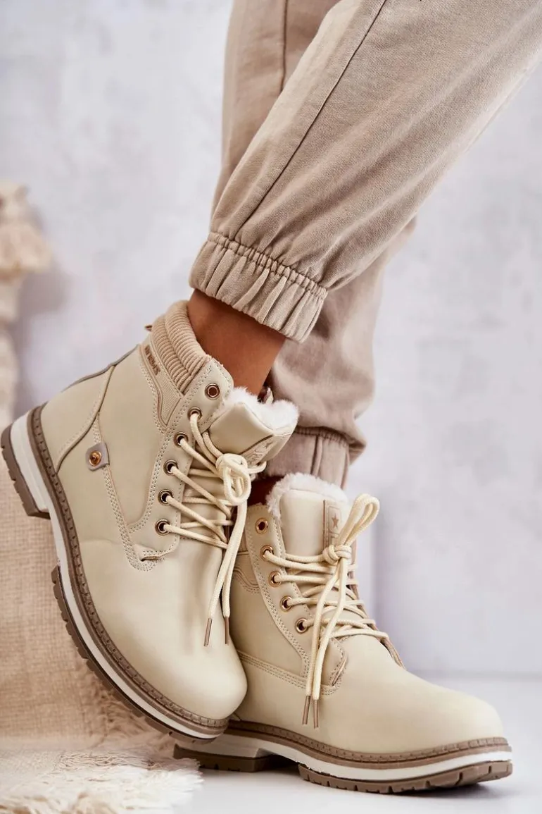 Damskie Ocieplane Botki Trapery Beżowe Liv