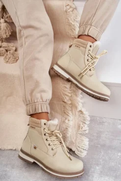Damskie Ocieplane Botki Trapery Beżowe Liv