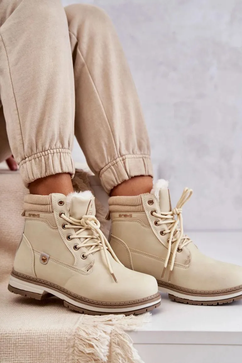 Damskie Ocieplane Botki Trapery Beżowe Liv