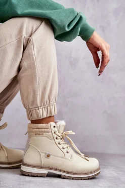 Damskie Ocieplane Botki Trapery Beżowe Liv