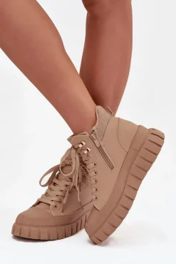 Damskie Ocieplane Botki Trapery Na Platformie Camel Carenna