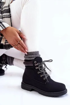 Damskie Ocieplane Botki Trapery Czarne Lonne