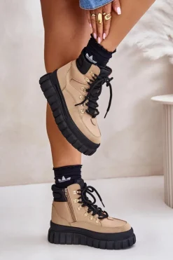 Damskie Ocieplane Botki Trapery Na Platformie Brązowe Jelenia