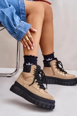 Damskie Ocieplane Botki Trapery Na Platformie Brązowe Jelenia