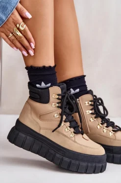 Damskie Ocieplane Botki Trapery Na Platformie Brązowe Jelenia