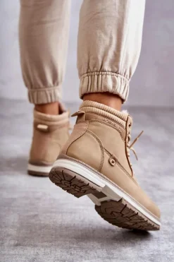 Damskie Ocieplane Botki Trapery Ciemny Beż Liv