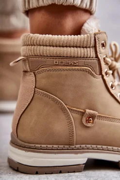 Damskie Ocieplane Botki Trapery Ciemny Beż Liv