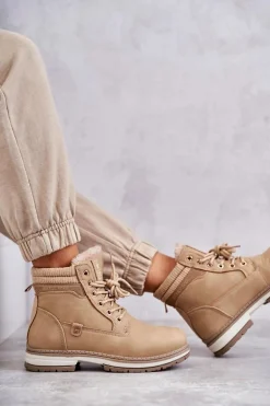 Damskie Ocieplane Botki Trapery Ciemny Beż Liv