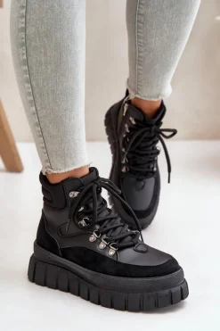 Damskie Ocieplane Botki Trapery Na Platformie Czarne Jelenia